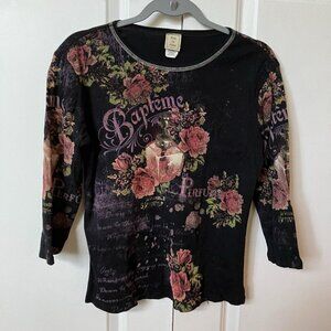 Y2K Jess & Jane Shirt Perfume Bottle Rhinestone Bejeweled AOP ¾ Sleeve T-shirt